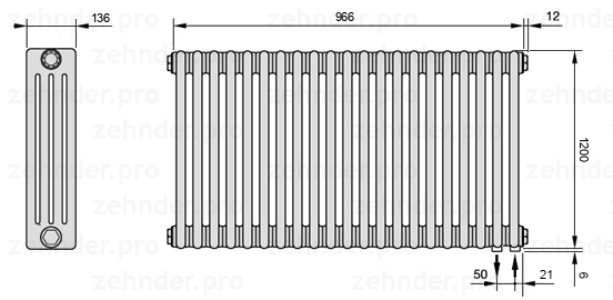 Схема (чертеж) Радиатор Zehnder Charleston 4120/21 №5510 Белый глянцевый RAL 9016